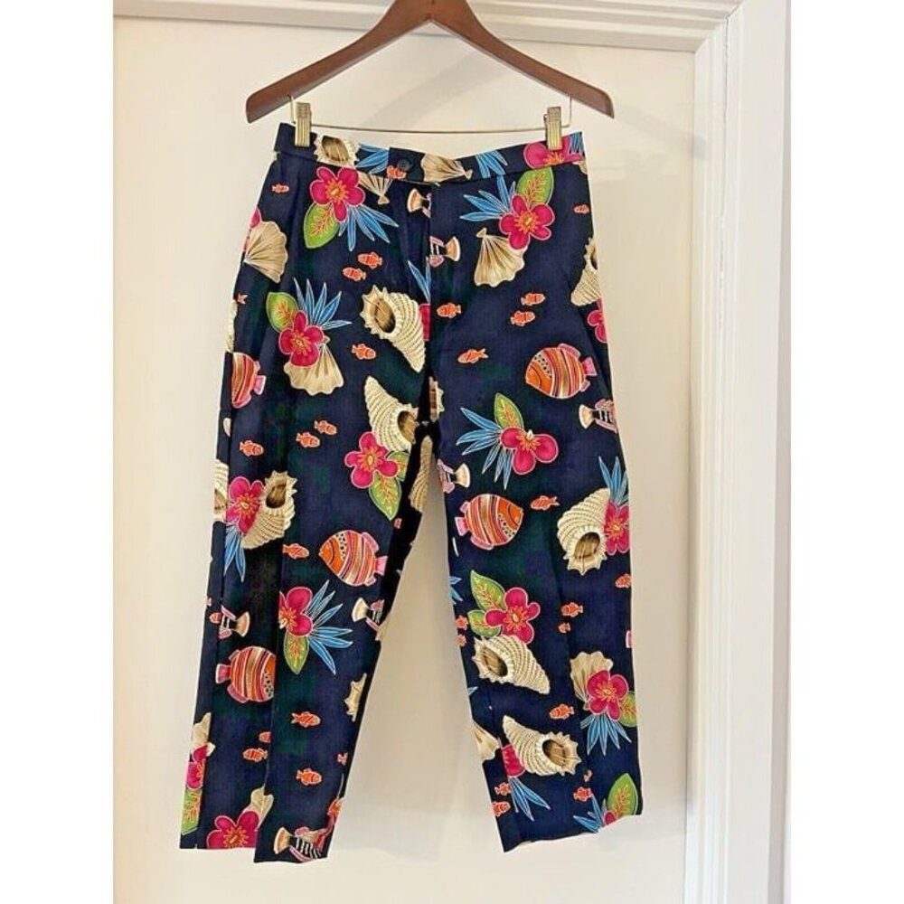 Sz 12 Woman BRIGGS Tropical Fish Seashell Black Capri Pants Hawaii Vacay Island